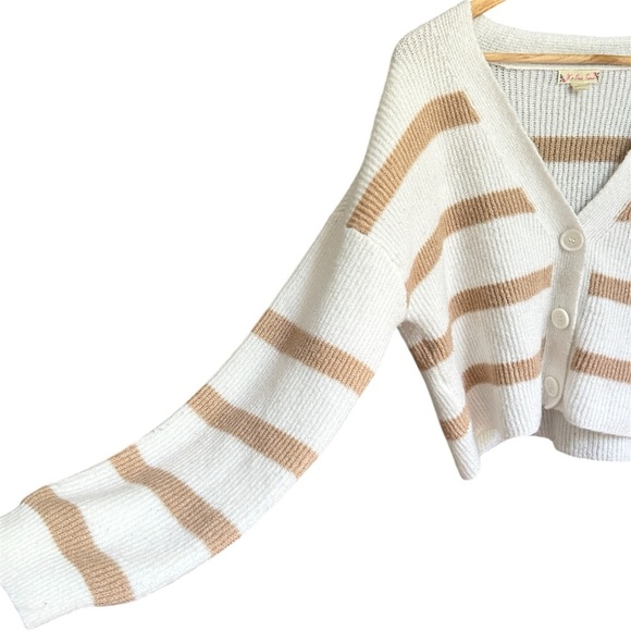 It's Our Time Women’s White and Tan Cropped Cardigan Sweater - Picture 2 of 6